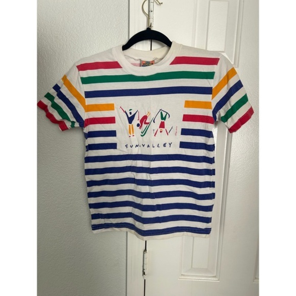 Vintage Sgt Leisure Sun Valley Ski Graphic Striped T-Shirt Kids M Multi Color
